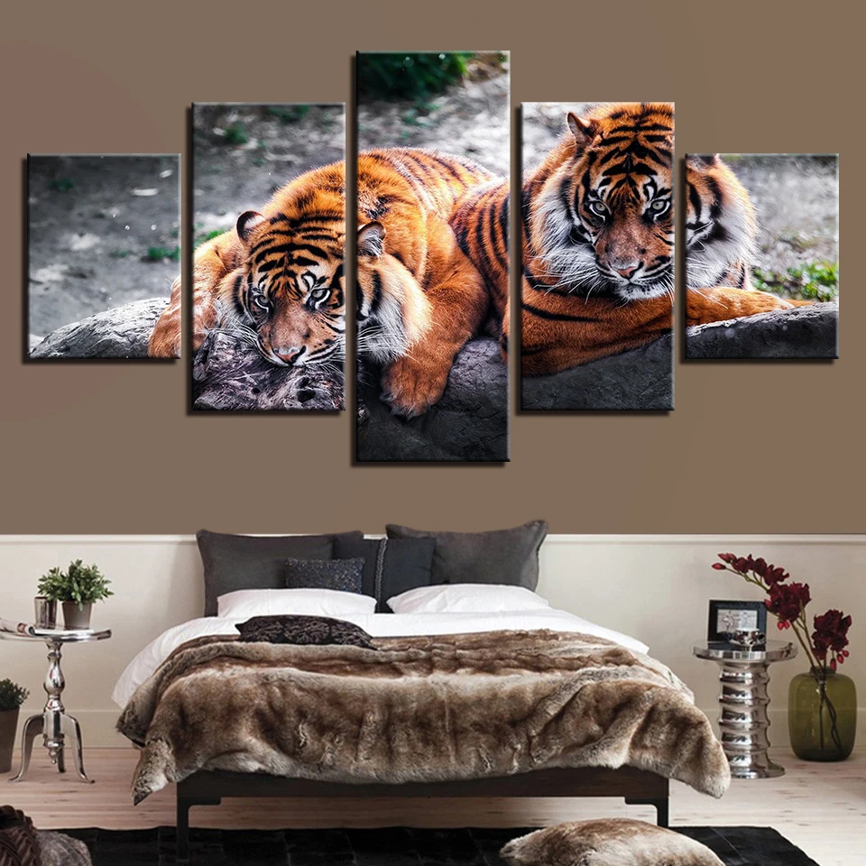 

Canvas Print Painting Modular Pictures 5 Panel Forest Animal Canvas Fierce Tigers Poster Modern For Living Room Home Decoration
