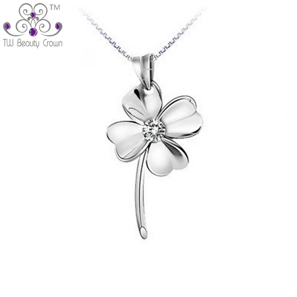 925 Sterling Silver Pendant Necklace 18 Box Chain Four-Leaf Clover with Zircon Pendant Simple Fashion Ladies Jewelry