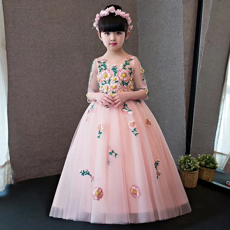 

Sales Promotion Girls Kids Luxury Flowers Beading Princess Dress For Party Children Birthday Wedding Party Costume Long Dress