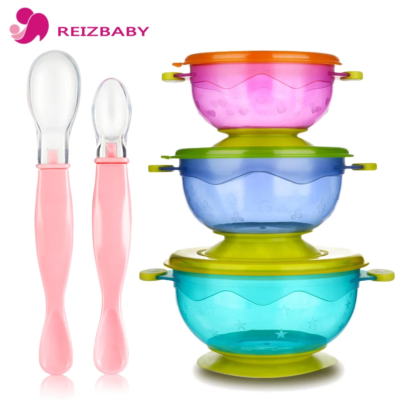 5Pcs Baby Dishes Baby Suction Bowl Non Spill Dustcover Baby Silicone