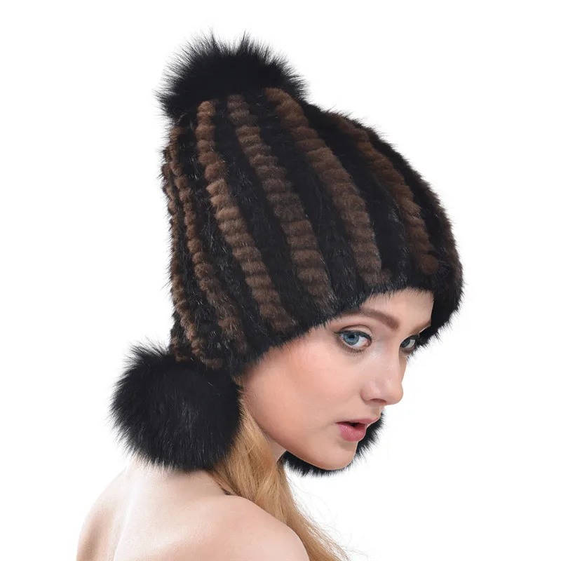 Осень и зима новая роскошная женская норковая вязаная шапка с ушками модная теплая женская шапка из лисьего меха LH300