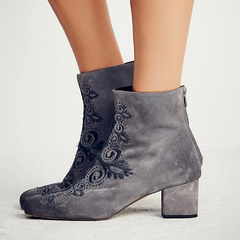 

New Fashion Embroider Winter Women Short Boots Vintage Low Square Heel Shoes Woman Lady Motorcycle Autumn Boots Chaussure Femme