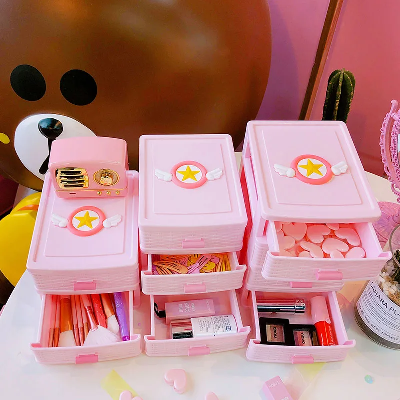 Pink Cartoon Girl Cosmetic Storage Box Dressing Table Desktop Jewelry Lipstick Makeup Organizer Drawer Sundries Container