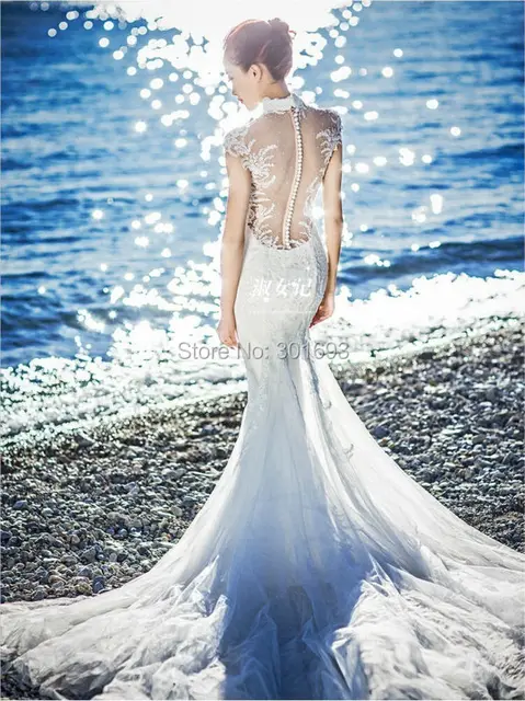 Oumeiya Ow322 Custom Made Lace Liques Bare Back Long Tail Y Oumeiya Ow322 Custom Made Lace Liques Bare Back Long Tail Y Mermaid Beach Wedding Dresses 2016