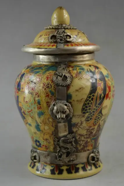 Elaborate Chinese Porcelain Drawing Dowager Copper Dragon Phoenix & Lion Storage Pot / Jar