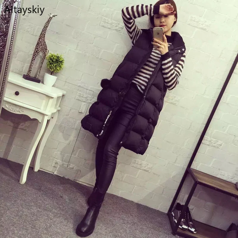 

Vests Women Long Coat Black Slim Elegant Warm Winter Hooded Womens Pockets Large Size Female Vest Simple Trendy Single Breasted