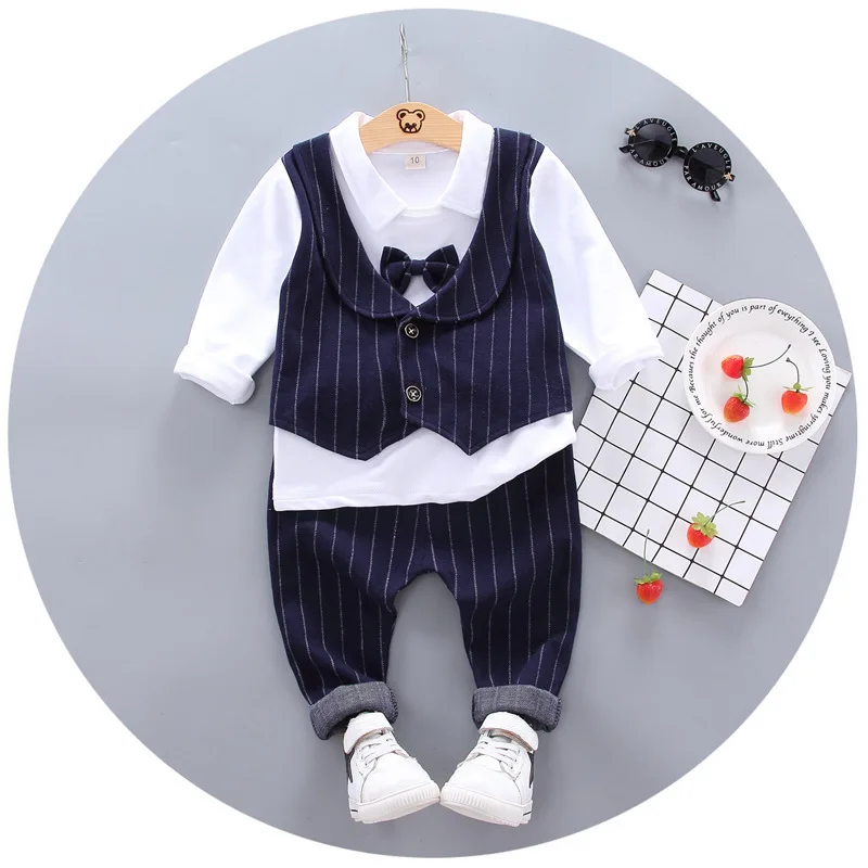 Autumn Children Baby Boys Suits Toddler Patchwork Formal T shirt Striped Pants 2Pcs/sets Kids Clothing Infant Tracksuits - Цвет: LX 2koujia Blue