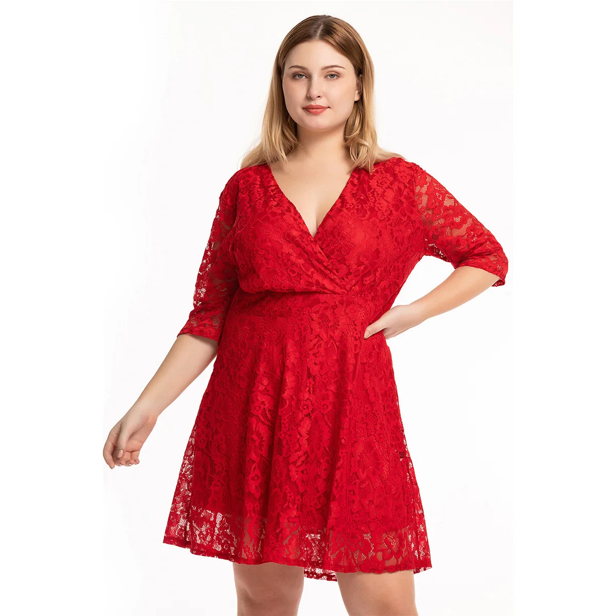 Robe femme ete женское летнее Красное Кружевное платье сексуальное v-образный вырез 1/2 рукав большой размер 7XL A-Line клубное мини-платье Vestido mujer