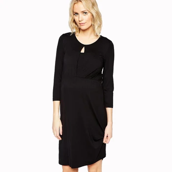 

Spring Autumn O Neckline 3/4 Sleeved Black Maternity Dress Plus Size Triangle Hole A-line Breastfeeding Dress for Working Mommy