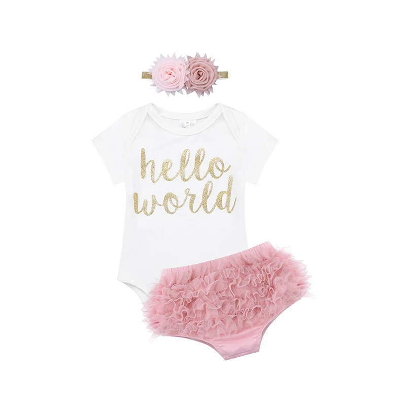 IEFiEL/Одежда для новорожденных; Одежда для маленьких девочек «Hello World»; комбинезон с короткими рукавами; шаровары; повязка на голову для дня рождения