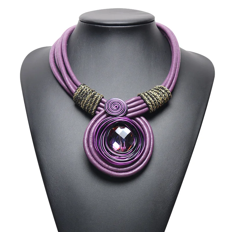 Heeda Kpop, большое имя, многослойное кожаное ожерелье, винтажное, этническое, ручная работа, большой кристалл, зеленое колье, новинка, женские изящные красные ювелирные изделия - Окраска металла: Purple