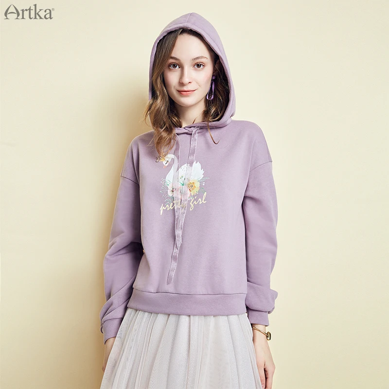 

ARTKA 2019 Spring New Loose Casual Sweatshirt For Women Cotton Long Sleeve Swan Pattern Pullovers Female Hooded Clothes VA10583D