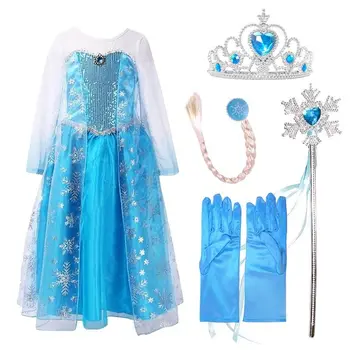 

Christmas Girls Elsa Dress Blue Sequin Lace Long Sleeve Cosplay Costume with/without Hair Tiara Accessory Set Baby Girl Clothes
