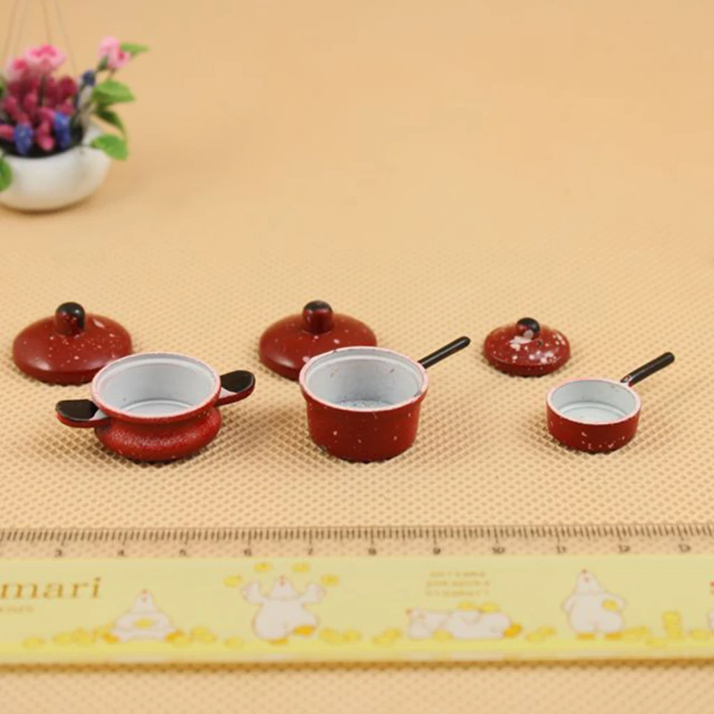 1/12 Scale 3 Pieces Metal Spotted Red Pan Cookware Set Dolls House Miniature Home Kitchen DIY Rooms Accessories Decoration