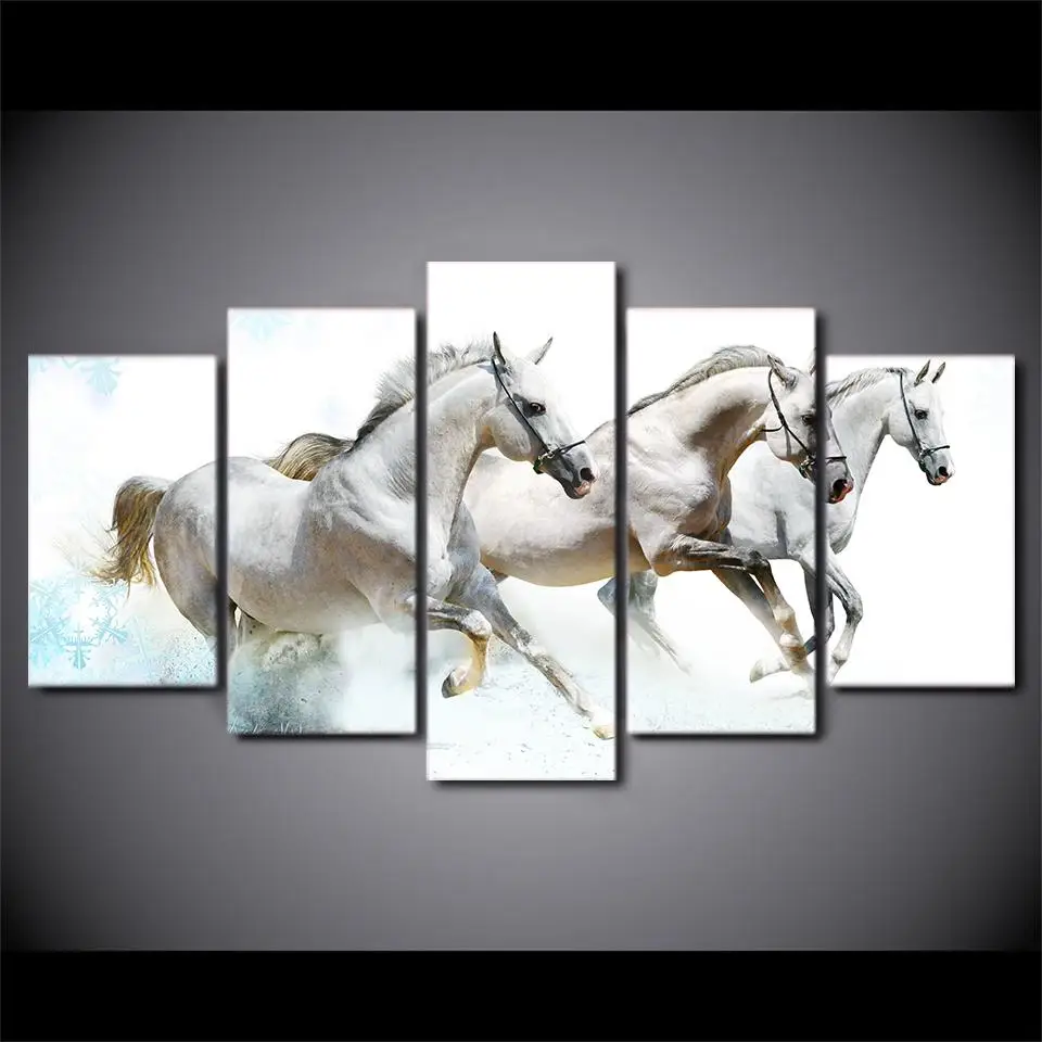 5 Panel modern Wall Art Canvas Paintings Running white Horses Wall Prin
