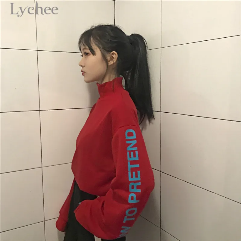 Lychee Harajuku с буквенным принтом, водолазка, Женская толстовка, с разрезом, с длинным рукавом, одноцветная толстовка, повседневная, свободная, женские пуловеры