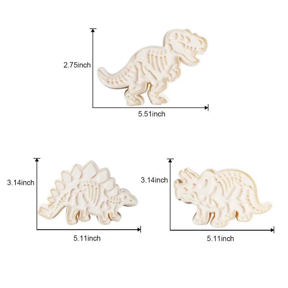 Jurassic Dinosaur Cookie Molds 3 Dinosaur Fossil Cookie Cutters Set Of 6Pcs PVC Stegosaurus Tyrannosaurus Rex Triceratops Molds (2)