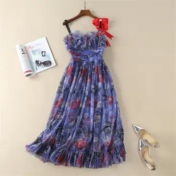 

Women Summer Dress 2018 High Quality Designer Runway Mesh Printed Backless Spaghetti Strap Lady Dresses DX0631