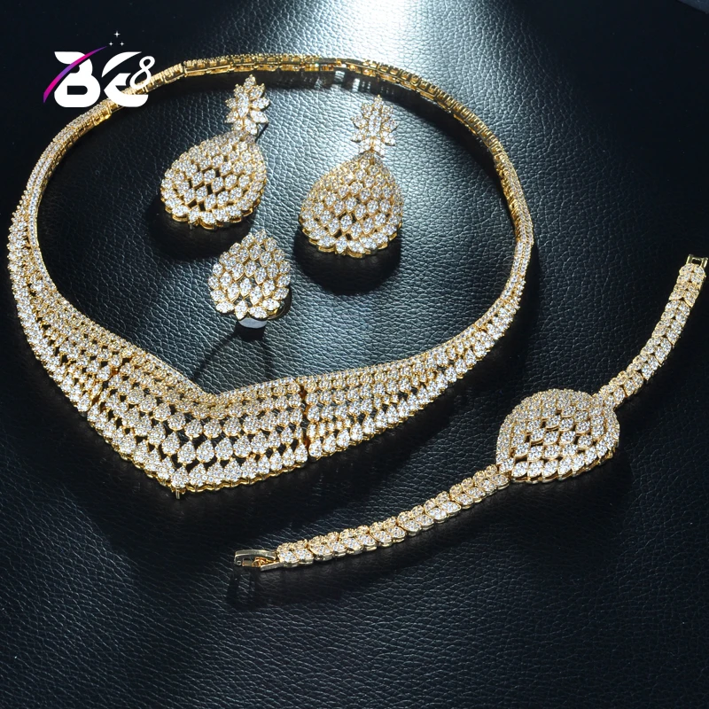 

Be 8 Luxury ia NeckGold Color Nigerian Wedding Water Drop AAA Cubic Zirconlace Dubai 4PCS Dress Jewelry Set for Party Gifts S240