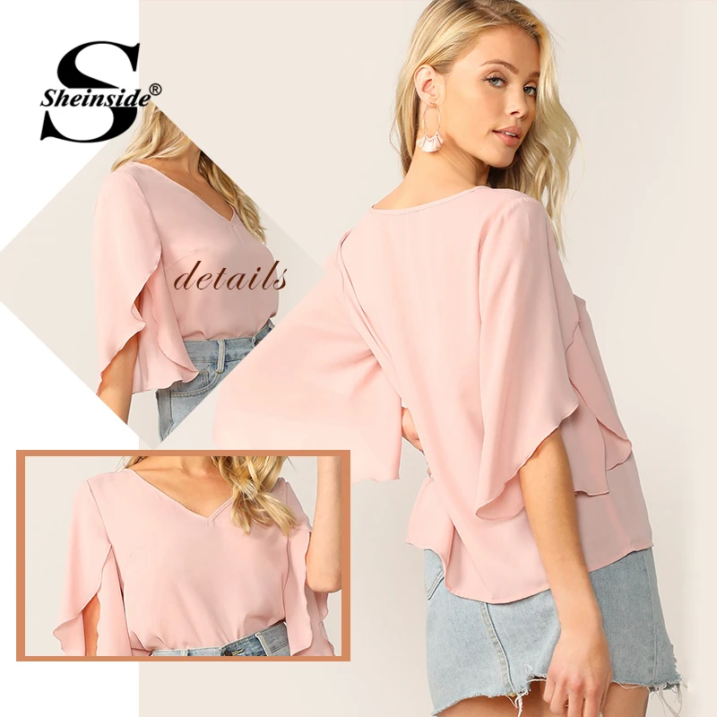 Sheinside Pink Pastel Casual Womens Tops And Blouses Split Bell Sleeve Solid Top 2019 V Neck Half Sleeve Women Summer Blouse Sheinside Pink Pastel Casual Womens Tops And Blouses Split Bell Sleeve Solid Top 2019 V Neck Half Sleeve Women Summer Blouse