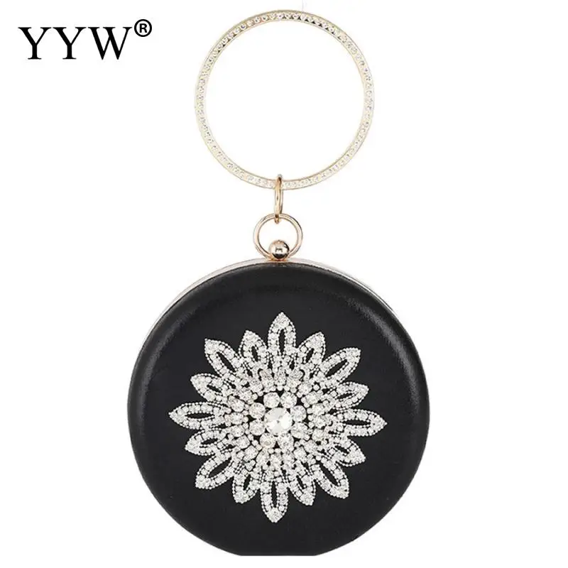 

Black Satin Evening Party Clutch Bag New Women Clutch Bag Flap Round Crystal Circle Ring Handbag Rhinestone Flower Wedding Purse