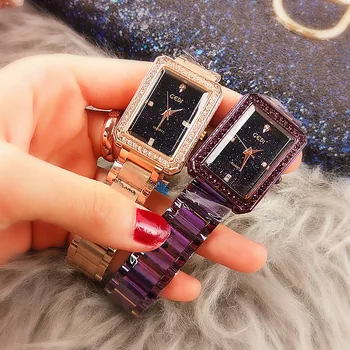 

Luxury Rosegold Ladies Quartz Tide Watch Waterproof Square Full Crystal Steel Belt Star Surface Without Scale with Drill Dial