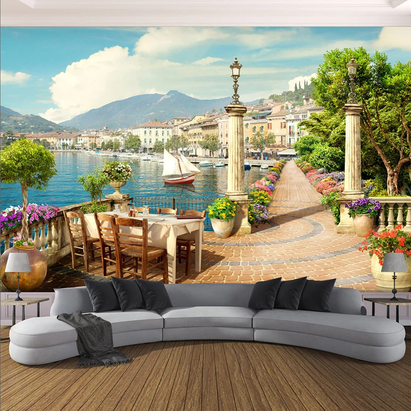 Фотообои 3D стерео Сад Балкон маленький город озеро пейзаж фрески Ресторан Кафе