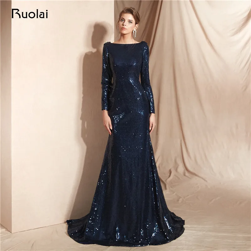 Dark Navy Mermaid Evening Dress Long Sleeves Sequin Evening Gown Open Back Evening Party Dress Robe de Soiree SN18 Dark Navy Mermaid Evening Dress Long Sleeves Sequin Evening Gown Open Back Evening Party Dress Robe de Soiree SN18
