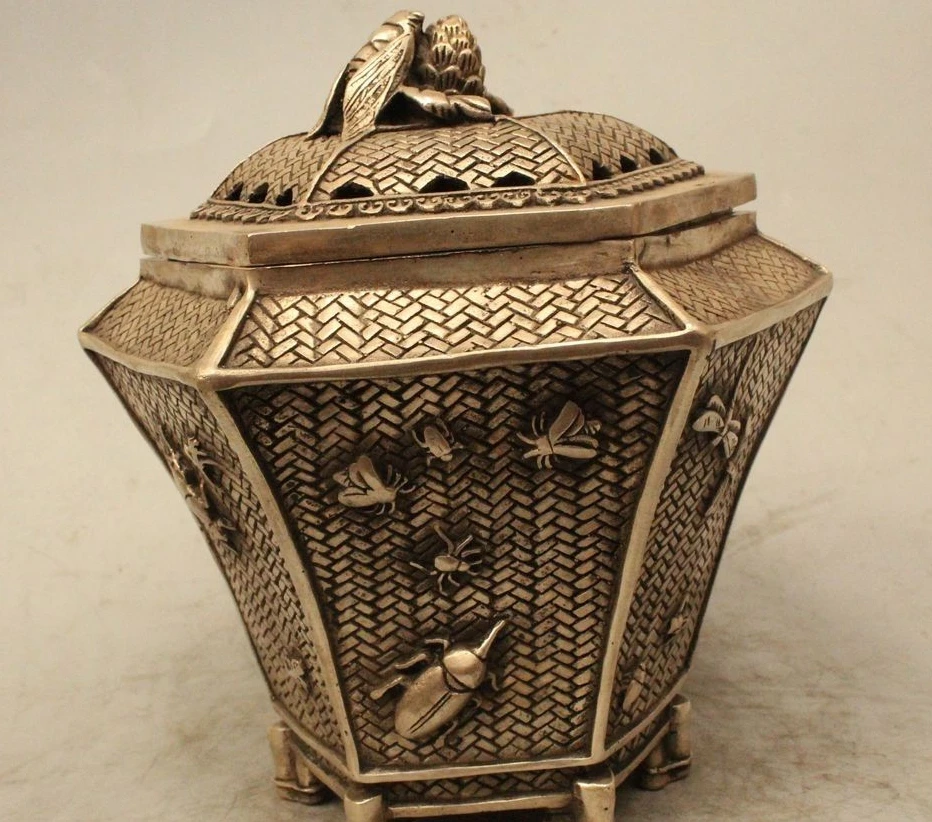 

6" Marked Chinese Dynasty Palace Silver cicada insect Incense Burner Censer