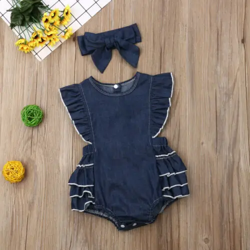

Summer Newborn Kids Baby Girl Denim Romper Ruffle Jumpsuit Headband Outfits Set