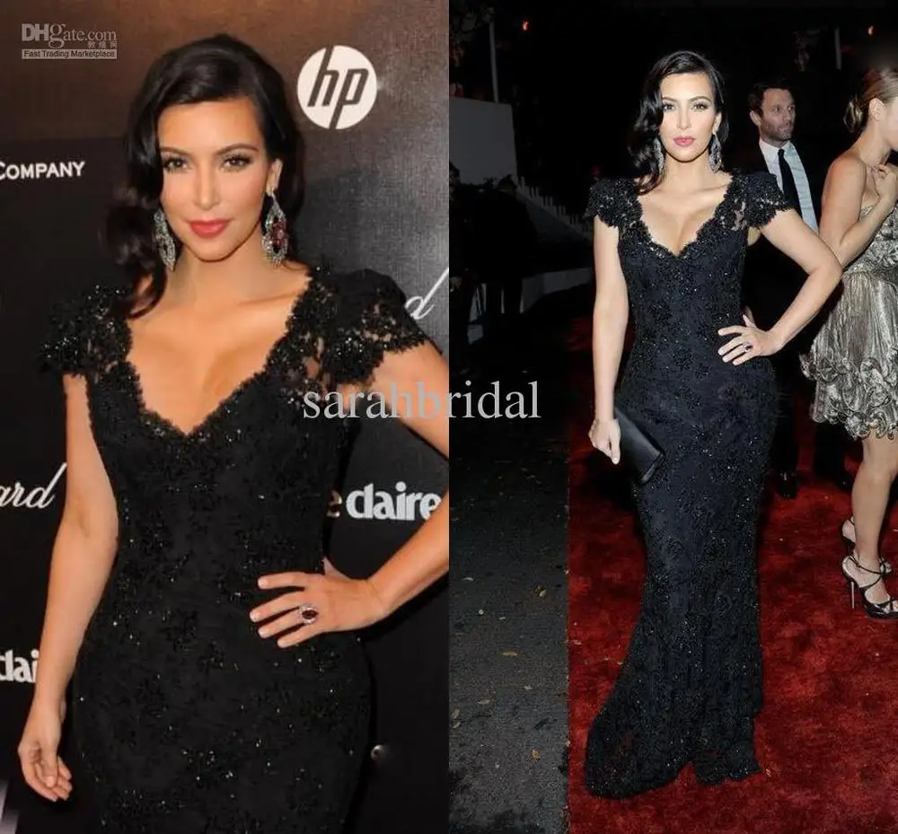 Charming Good Design New Fashion Kim Kardashian Iest Oscar Lace V Charming Good Design New Fashion Kim Kardashian Iest Oscar Lace V Neck Black Celebrity Dress Prom Evening Gown Custom Made In Inspired Dresses