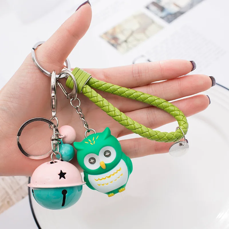 

Cartoon Owl Doll LED Sound Alloy Bell Leather Owl Cat Keychains Women Bag Pendant