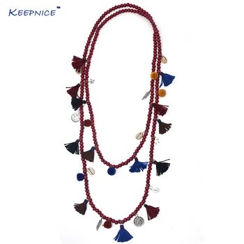 

New Bohemia Boho long wooden beaded Necklaces colorful tassel pendants layered long necklace Multi-Layer statement Necklaces