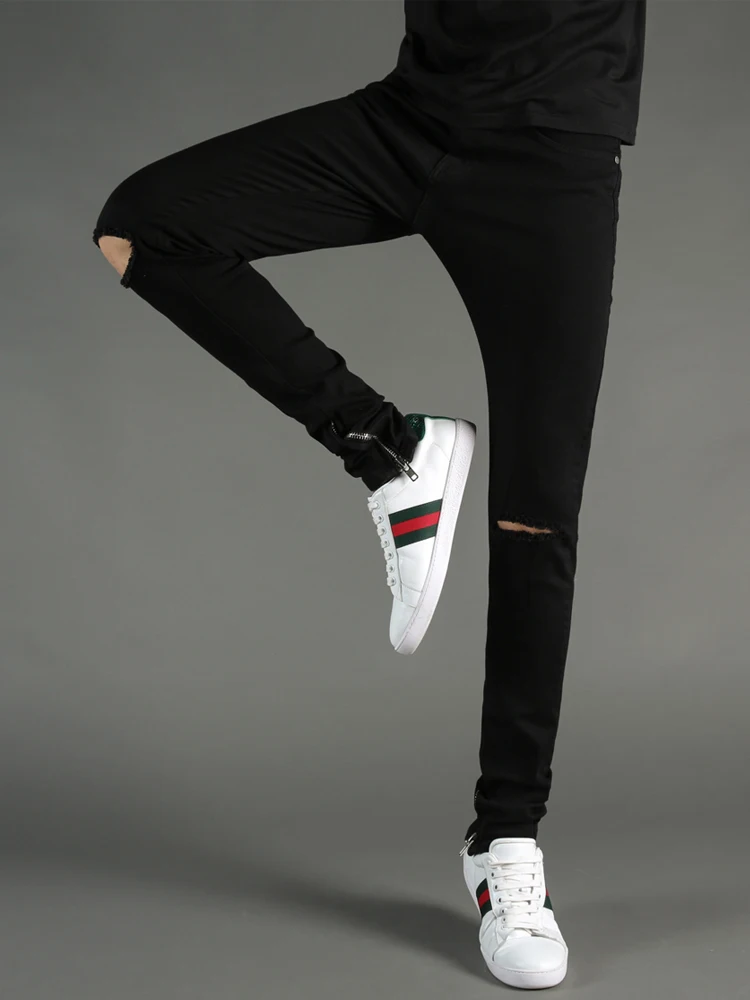 Fashion Streetwear Men's Jeans Black Color Elastic Skinny Jeans hombre Ankle Zipper Ripped Jeans For Men Hip Hop Pants homme