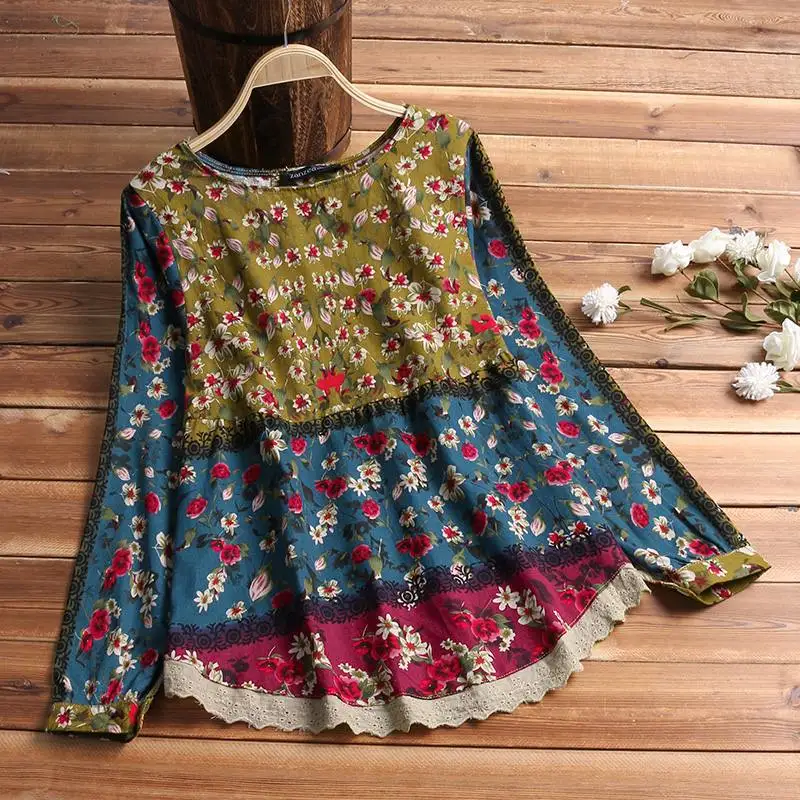 FREE SHIPPING Women Vintage Cotton Linen Top Spring Floral Printed Blouse Long Sleeve Shirt Casual Tunic Lace Patchwork Blusa JKP2754