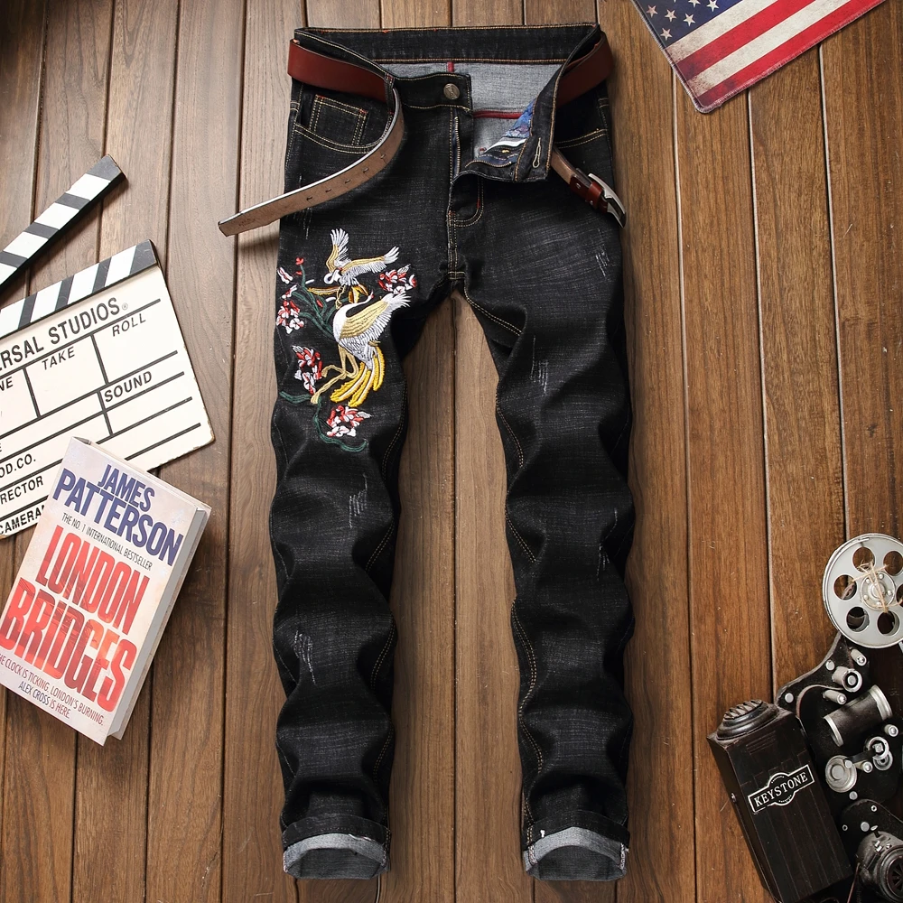 

High quality brand jeans male 3d embroidery ripped distressed slim homme denim trousers black jeans men plus size 29-38 floral