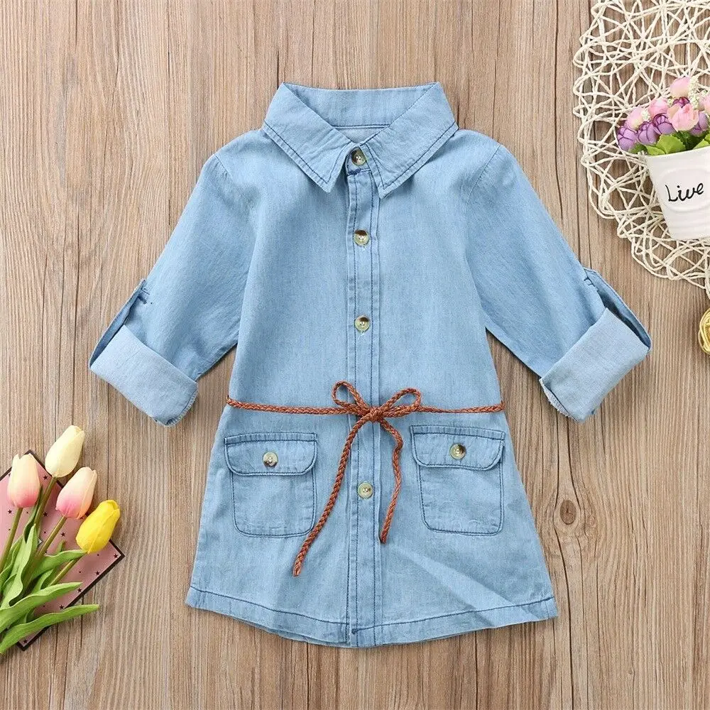 

Baby Kids Girl Denim Dress Long Sleeve Party Princess Dresses Clothes Summer