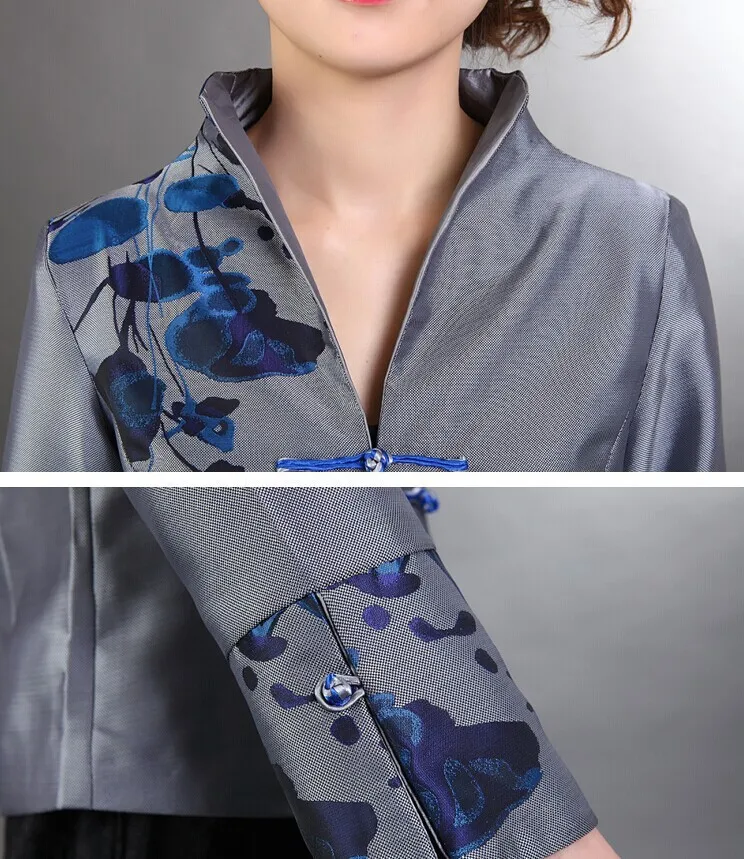Лидер продаж серый Традиционный китайский Для женщин шелковый атлас пальто куртки Цветы Размеры размеры s m l xl XXL, XXXL
