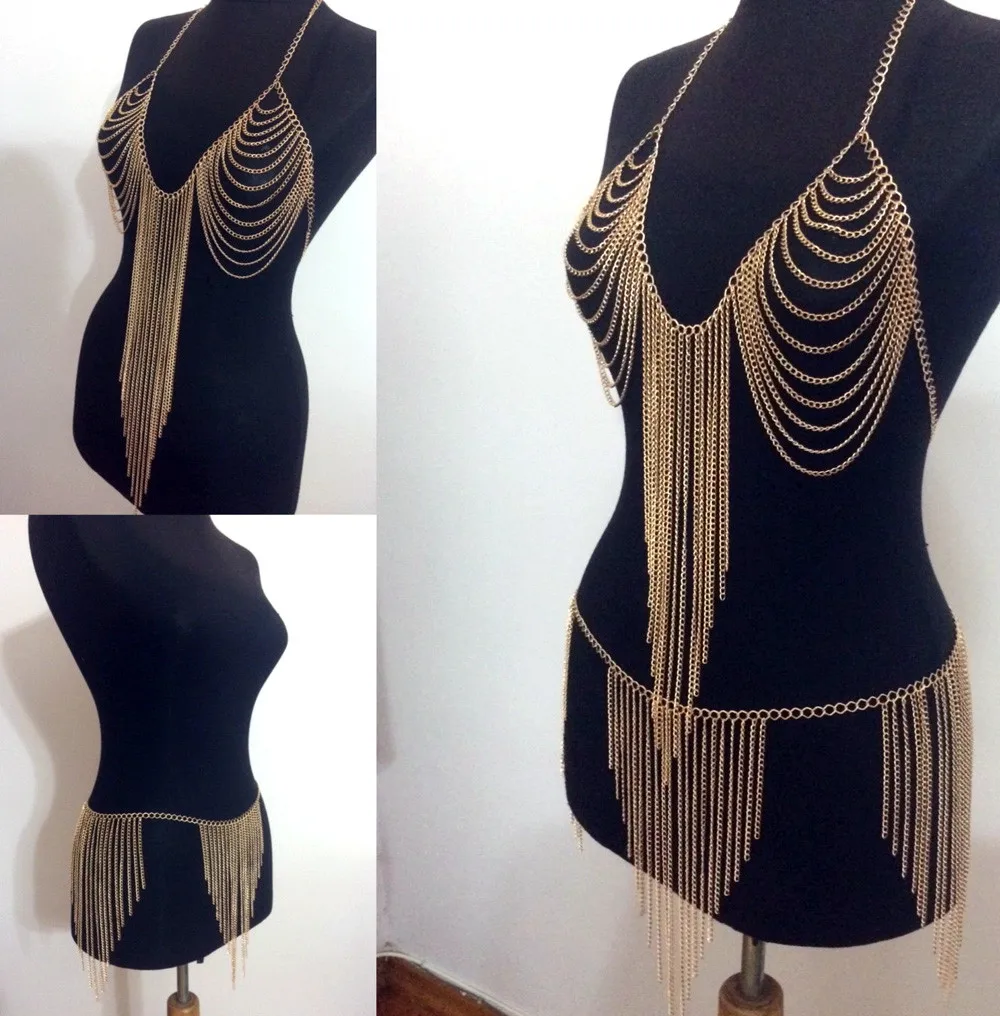 Chran New Halter Lingerie Sexy Showgirl Exotic Bra Chain Tassel Dress harness Slave Body Chain Skirt Belly Waist Jewelry