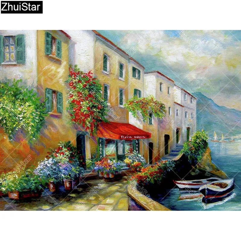 

Zhui Star Full Square Drill 5D DIY Diamond Painting "Riverside alley view" 3D Embroidery Cross Stitch Rhinestone Mosaic Decor