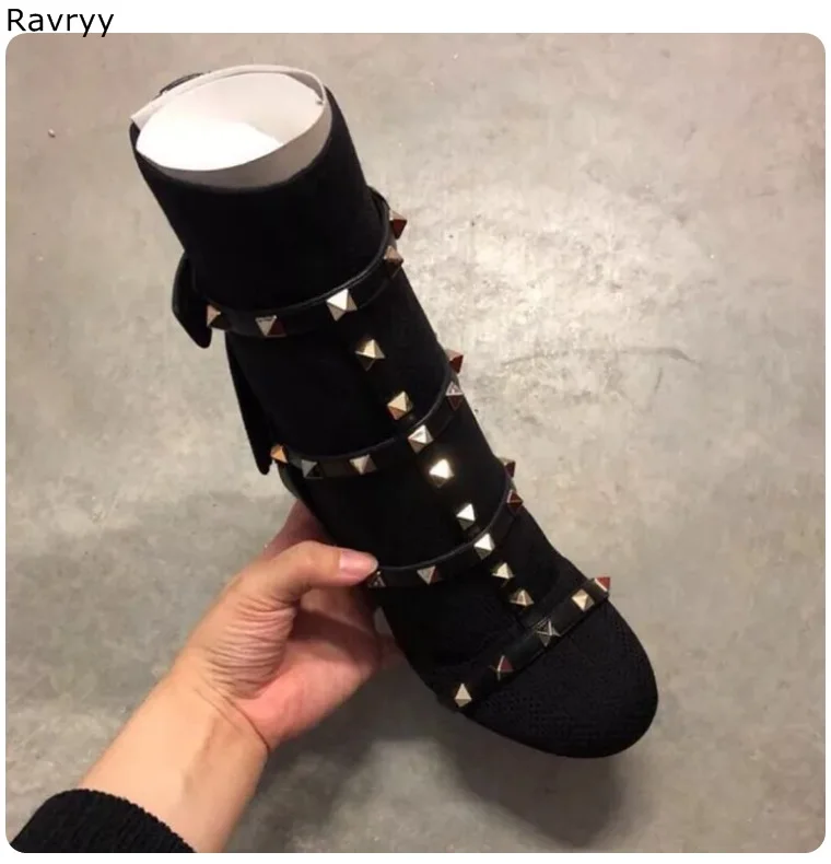 Эластичные вязаные черные женские ботильоны крутые заклепки Декор женские короткие сапоги Острый носок тонкий каблук обувь осень Мода