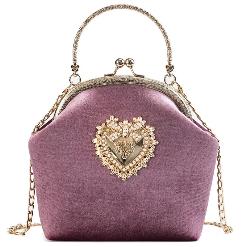 Female Velvet Pearl Handbag Vintage Velour Heart Design Evening Bag Wedding Party Bride Clutch Velour Bag Purse