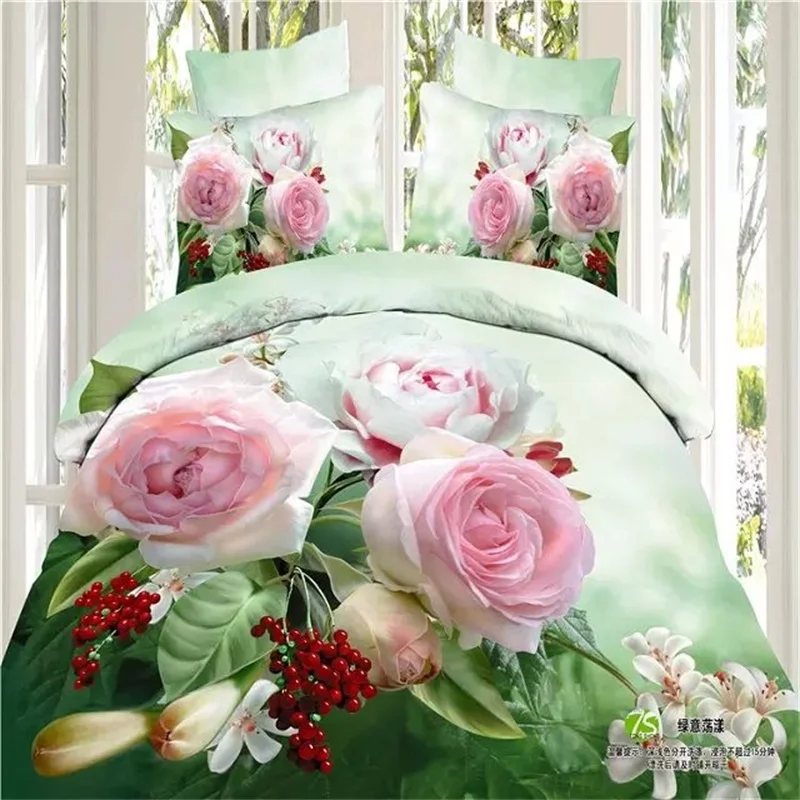 

3D Floral Print Pink Rose Red Cherry Light Green Leaves Bedding Set Queen King,Cotton Bedclothes Quilt Cover Bedsheet Pillowcase