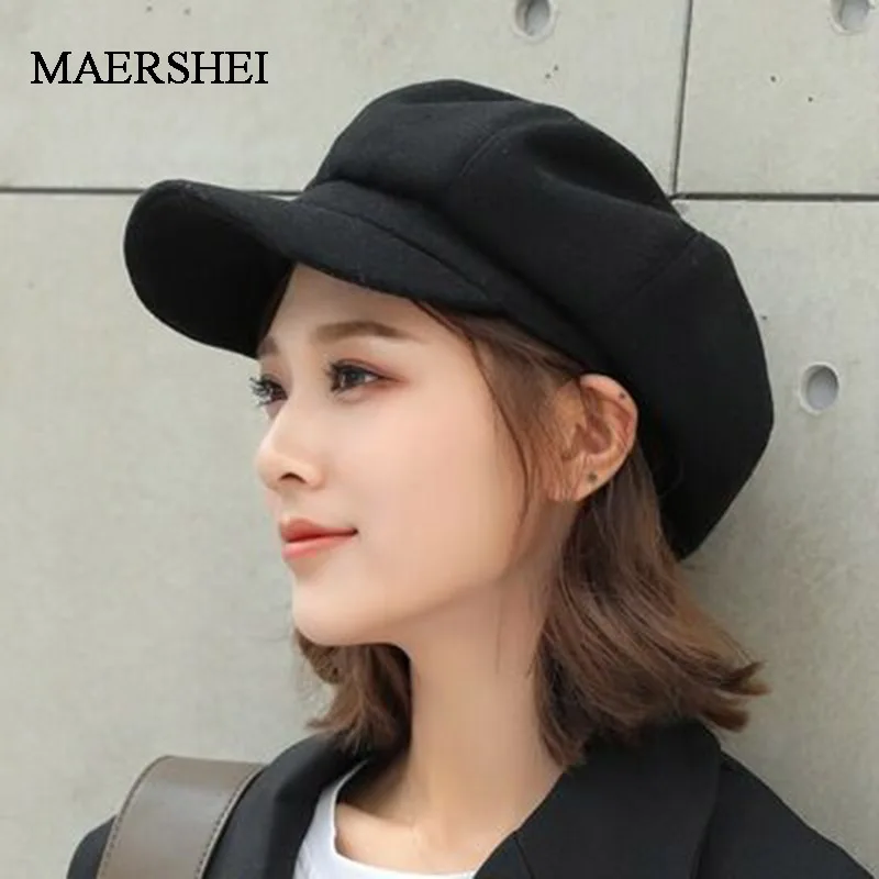 MAERSHEI wool Women Beret Autumn Winter Octagonal Cap Hats Stylish Artist Painter Newsboy Caps Black Grey Beret Hats