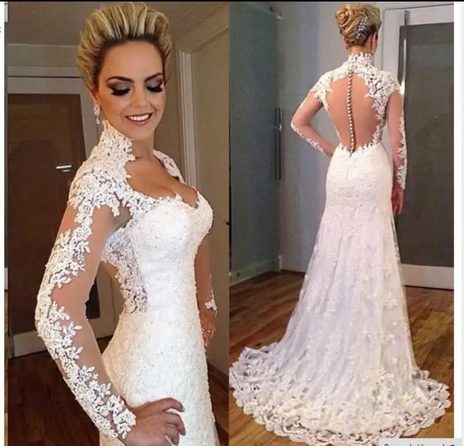 Long Sleeves Vintage Lace Mermaid Wedding Dresses 2017 Beaded Sheer