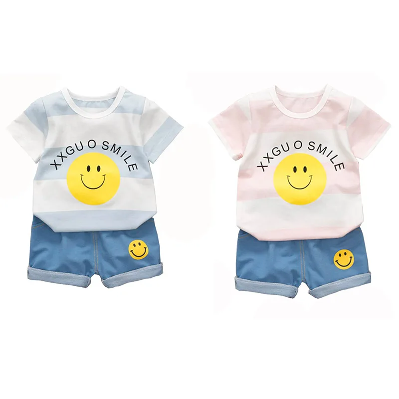 

Baby Boy Girls Summer Clothes Set Toddler Smiling Face Print T-shirt Tops Blue Denim Shorts Outfits 2PCS Kids Outfits 1-4Y