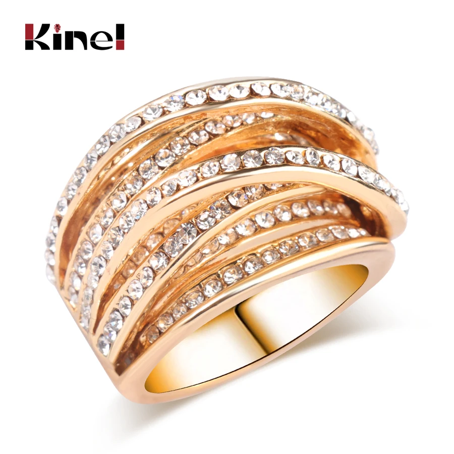 

Kinel Hot Vintage Antique Multilayer Ring For Women Mosaic AAA Zircon Crystal Gold Color Double X Ring Finger Luxury Bijoux