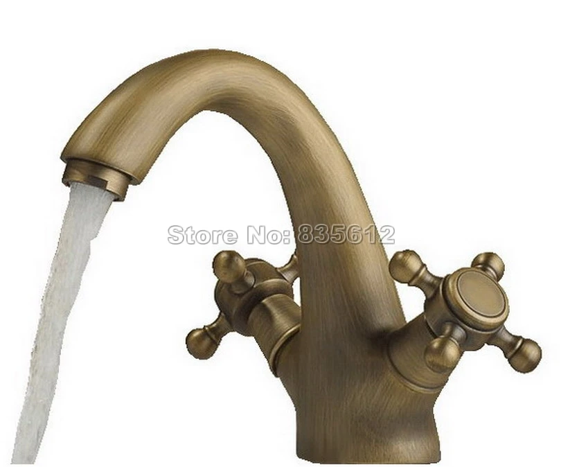 

Classic Antique Brass Bathroom Basin Faucet / Single Hole Deck Mounted Dual Cross Handles Vessel Sink Mixer Taps Wnf035