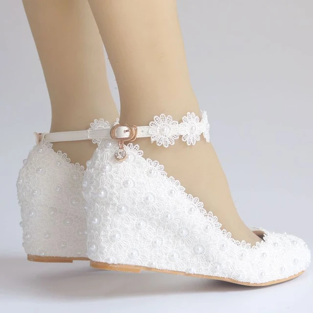5CM wedges middle heel lace shoes woman bridal ankle straps white lace pearls wedding shoes NQ171 bride girls ladies party shoe