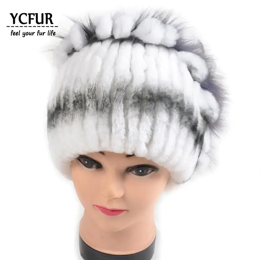 YC Fur зимняя шапка s шапки бини женские Прошитые полосы Настоящий мех кролика шапка женская мягкая теплая натуральный мех шапочки для дам - Цвет: white